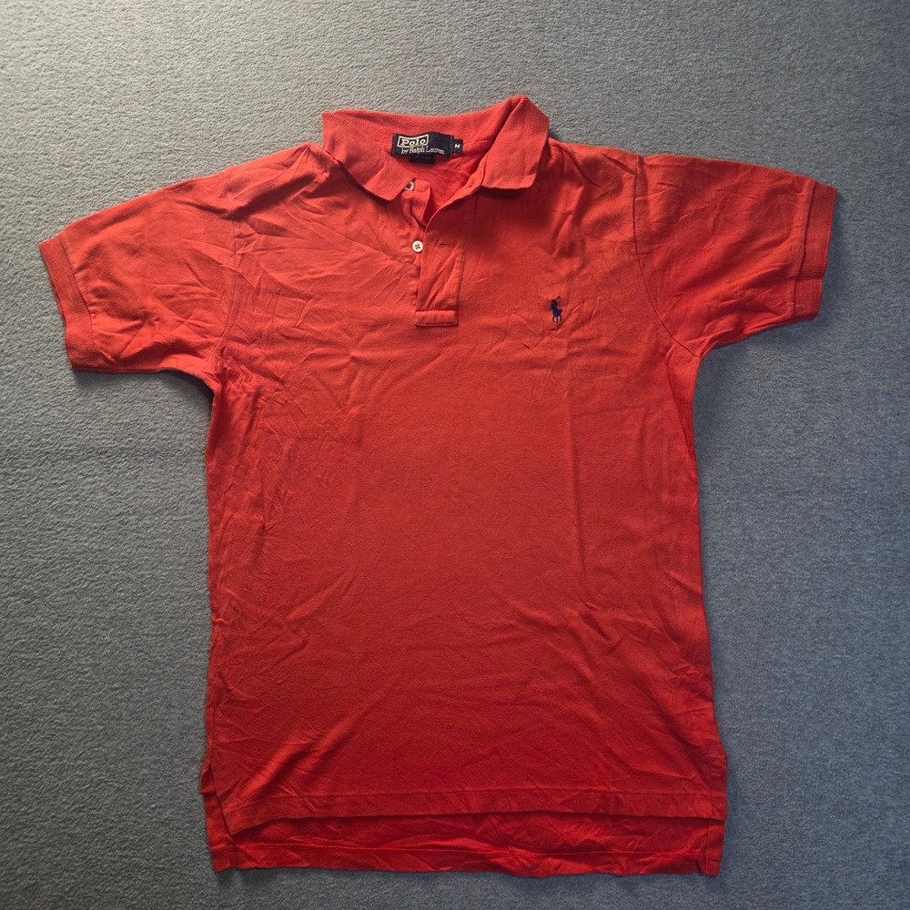 Polo Ralph Lauren Polo Shirt Mens Medium Red Cotton Navy Pony Made USA Vintage